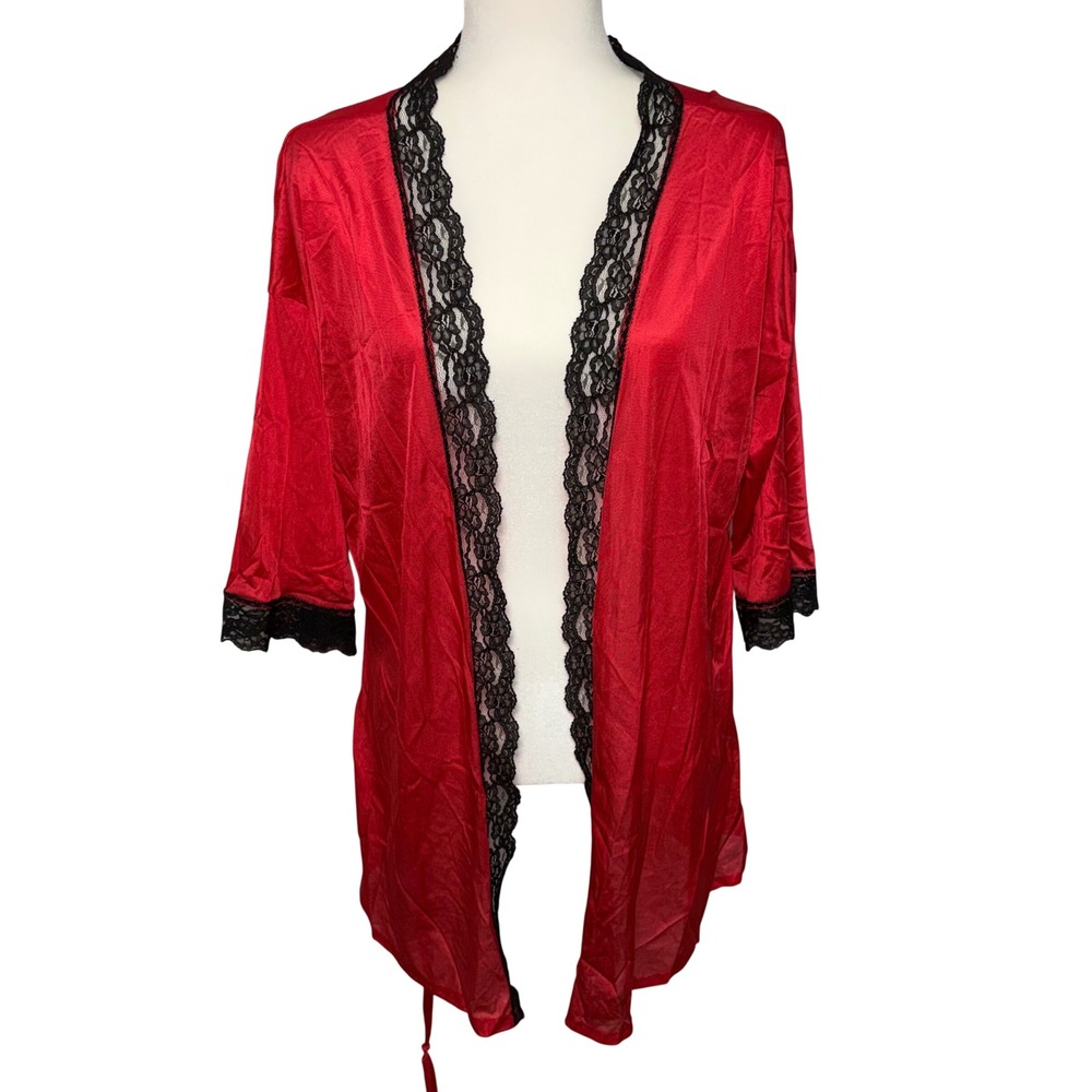 Intimate Fashions Vintage Red Robe Black Lace Trim Nylon Made in USA Size XL